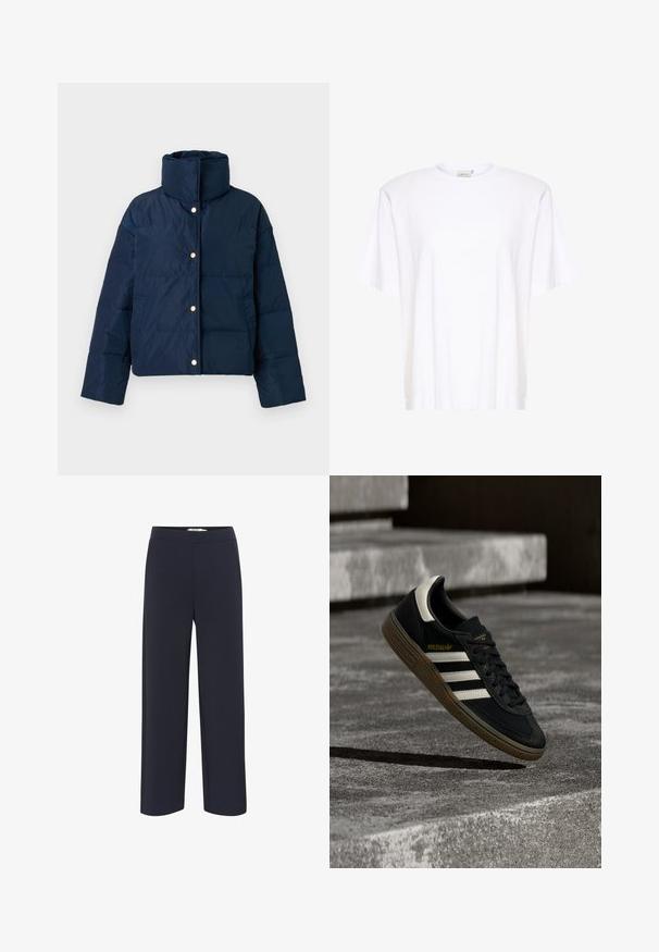 Marineblauer Daunenjacke mit hohem Kragen, Druckknopfverschluss und glänzender Oberfläche. Sie verfügt über große gesteppten Bereiche und seitliche Taschen.; Gestuz SAMURILLY - T-Shirt basic - bright white; Marineblaue, weit geschnittene Hose aus weichem Stoff mit elastischem Bund und ohne sichtbare Taschen oder Verzierungen.; Schwarzer Adidas-Sneaker mit weißen Streifen und Gummisohle schwebt über grauen Betonstufen im natürlichen Licht.