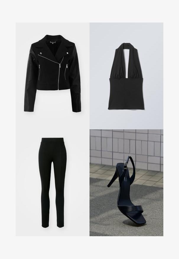 Chaqueta corta negra con cuerpo de lana y mangas de cuero. Cuenta con un cuello con muescas, cierres de cremallera plateados y dos bolsillos frontales con cremallera.; Top negro sin mangas con cuello halter, tela fruncida en el busto y una banda ancha en la cintura, mostrado sobre un fondo plano gris claro.; Leggings negros de material elástico, con cintura alta, corte ajustado y dos bolsillos frontales sin costuras visibles.; Sandalia negra de tacón alto con correa en el tobillo y punta cuadrada, situada sobre el pavimento frente a una pared con azulejos.