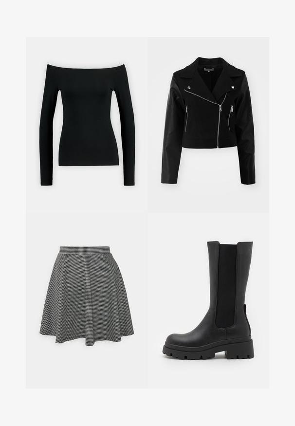 Veste noire courte avec un corps en laine et des manches en cuir. Elle présente un col à revers, des fermetures éclair en argent et deux poches zippées devant.; Haut noir à manches longues avec un design dénudé d'une épaule. Fabriqué en tissu lisse, il présente une coupe ajustée et une construction sans couture.; Jupe patineuse à carreaux noir et blanc avec une taille ajustée et un ourlet évasé, fabriquée en tissu texturé affichant un motif classique.; ONLY SHOES ONLDOJA - Bottes à plateau - black