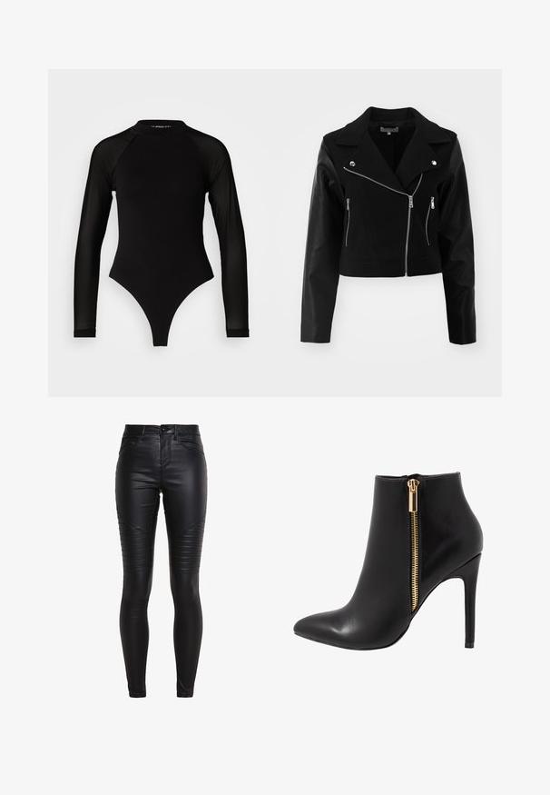 Veste noire courte avec un corps en laine et des manches en cuir. Elle présente un col à revers, des fermetures éclair en argent et deux poches zippées devant.; Bodysuit noir à manches longues avec col haut, doté d'un tissu solide sur le torse et de manches en maille transparente, conçu dans une coupe ajustée.; Pantalons skinny en simili cuir noir avec des détails de panneaux cousus, taille haute et texture lisse. Comprend une fermeture éclair et des poches avant.; Bottine en cuir noir avec un bout pointu, un talon haut en stilettos et une fermeture éclair latérale dorée. Texture lisse et design élégant et minimaliste.