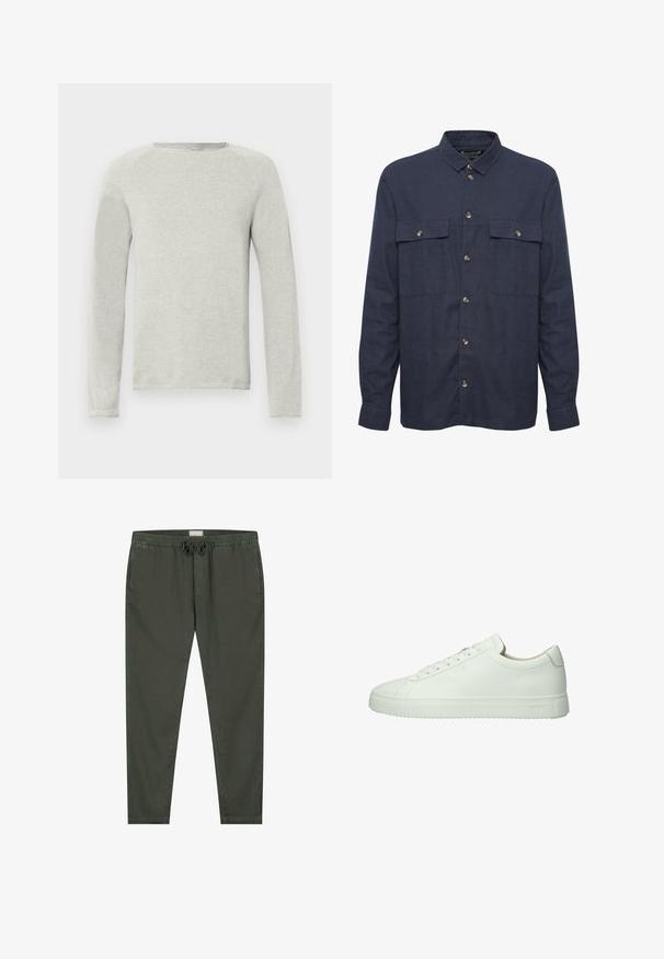 Camisa de botón azul oscuro en una tela ligera con dos bolsillos en el pecho, botones dorados y un diseño de cuello clásico.; Camisa de manga larga gris claro con cuello redondo, tejido texturizado y mangas ranglán. Diseño simple, sin logotipos ni patrones visibles.; Pantalones ligeros de color verde oscuro con cinturilla elástica y cordón, que presentan un diseño de pierna recta y una textura suave.; Zapatilla de cuero blanca con una textura suave, diseño de perfil bajo, punta redondeada y cordones en tono. Presenta una suela de goma texturizada.