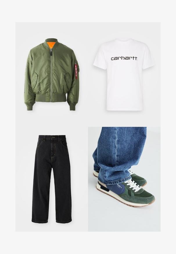 Chaqueta bomber verde oliva con cierre frontal de cremallera, puños y dobladillo acanalados, bolsillos laterales y forro naranja. Presenta un detalle de etiqueta roja en la manga.; Camiseta de algodón blanca con mangas cortas y escote redondo. Presenta un gran logo de "carhartt" en marrón oscuro en el pecho.; Jeans de denim negros de pierna ancha con cintura alta, botón frontal, cremallera y costuras amarillas en los bolsillos y costuras.; Zapatillas verdes y navy con detalles de malla y ante, cordones blancos y suela beige. Llevadas con jeans de mezclilla azules, mostrando la zona del tobillo.