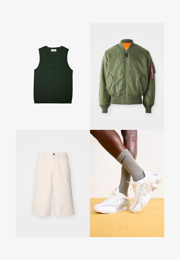Veste bomber vert olive avec fermeture éclair à l'avant, poignets et bas côtelés, poches latérales et doublure orange. Présente un détail de tag rouge sur la manche.; Débardeur vert à côtes avec un col rond et sans manches. Présente un logo subtil en noir près du centre. Texture douce.; Shorts en coton beige clair avec une coupe droite, doté d'une fermeture à bouton, de poches latérales et d'un ourlet qui tombe juste au-dessus du genou.; Baskets Nike blanches avec des accents argentés, présentant des panneaux texturés et des perforations. Assorties à des chaussettes grises à côtes, sur un fond jaune.