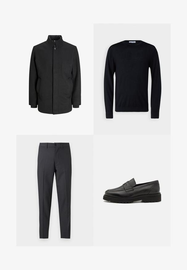 Schwarzer Mantel mit hohem Kragen, vorderem Knopfverschluss, Seitentaschen und strukturierter Silhouette. Hergestellt aus einem glatten, strukturierten Stoff.; Schwarzer Pullover mit langen Ärmeln und Rundhalsausschnitt, mit gerippten Bündchen und Saum, vor weißem Hintergrund präsentiert.; Dunkelgraue, maßgeschneiderte Anzughose mit vorderem Knopf und Gürtelschlaufen, flach auf weißem Hintergrund präsentiert.; Schwarze Lederloafer mit runder Zehenpartie, genähten Details und einer dicken, strukturierten Sohle. Verfügt über ein schlankes, minimalistisches Design.