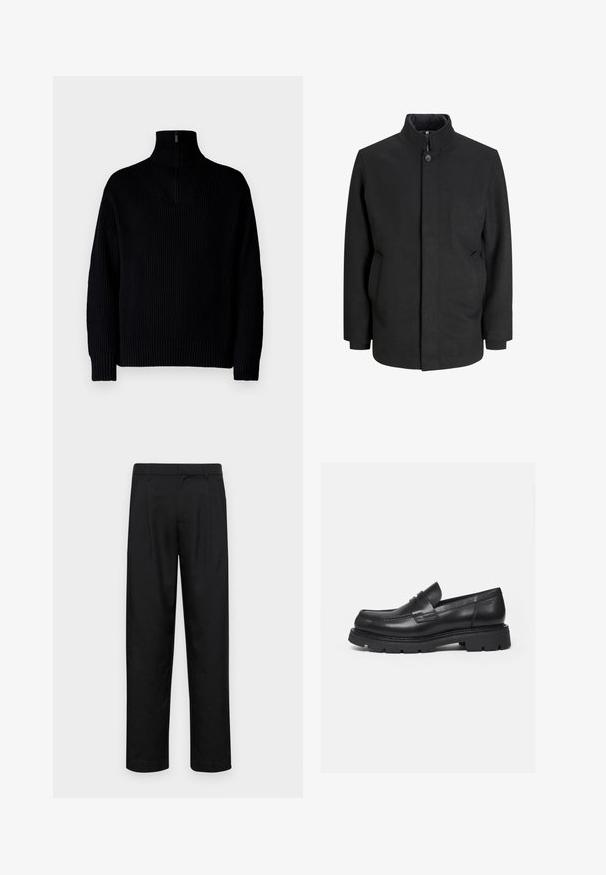 Manteau noir avec un col haut, fermeture à boutons sur le devant, poches latérales et une silhouette structurée. Fabriqué à partir d'un tissu lisse et texturé.; Pull en maille côtelée noir avec un demi-fermeture éclair au col, doté de manches longues et d'une coupe décontractée. La texture est douce et épaisse.; Pantalons noirs en tissu lisse, avec une coupe droite, deux plis avant et une taille standard avec passants de ceinture.; Mocassin en cuir noir avec semelle épaisse crantée et détail de bride penny, présenté en profil droit sur fond blanc.