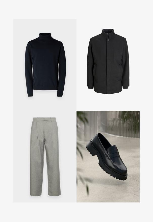 Manteau noir avec un col haut, fermeture à boutons sur le devant, poches latérales et une silhouette structurée. Fabriqué à partir d'un tissu lisse et texturé.; Pull-over en grosse maille marine foncé en tissu doux et extensible. Caractéristiques : manches longues et poignets et ourlet côtelés. Design simple et épuré.; Pantalons gris sur mesure en tissu texturé, avec une coupe droite, des plis avant et une taille standard avec passants de ceinture.; Mocassins en cuir noir avec une semelle à crampons épaisse, dotés d'une sangle décorative et de détails de couture. Texture lisse avec une finition polie.