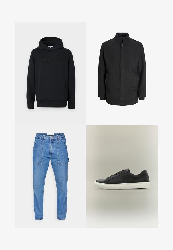 Zwarte jas met hoge kraag, sluiting met knopen aan de voorkant, zijzakken en een gestructureerde silhout. Gemaakt van een gladde, textuurstof.; Zwarte hoodie, zachte stof, pullover ontwerp, voorzak in kangoeroestijl, reliëf 'QUARTZ CO' logo op de borst, ribgebreide manchetten en onderkant.; Lichtblauwe denim jeans met een hoge taille, rechte pijpen en voorzakken. Heeft contrasterende stiksels en een knoopsluiting.; Zwarte lage sneaker met witte rubberen zool en zwarte veters, zijaanzicht tegen een neutrale achtergrond.