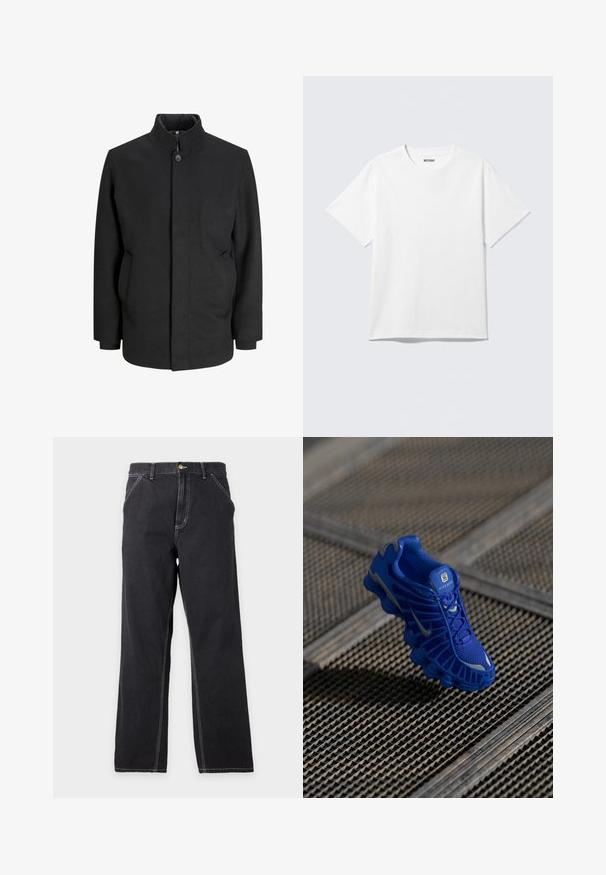 Schwarzer Mantel mit hohem Kragen, vorderem Knopfverschluss, Seitentaschen und strukturierter Silhouette. Hergestellt aus einem glatten, strukturierten Stoff.; Weißes T-Shirt mit kurzen Ärmeln und Rundhalsausschnitt, flach liegend, schlichtes Design, mit „WEEKDAY“-Etikett innen im Kragen auf hellem Hintergrund.; Schwarze Jeans mit geradem Bein, Vordertaschen, Gürtelschlaufen und sichtbaren weißen Nähten auf einfachem hellgrauem Hintergrund.; Blaue Sportschuh mit einem Obermaterial aus Netzgewebe, strukturiertem Design und einer markanten Sohle, die über ausgeprägte Dämpfungselemente und reflektierende Akzente verfügt.