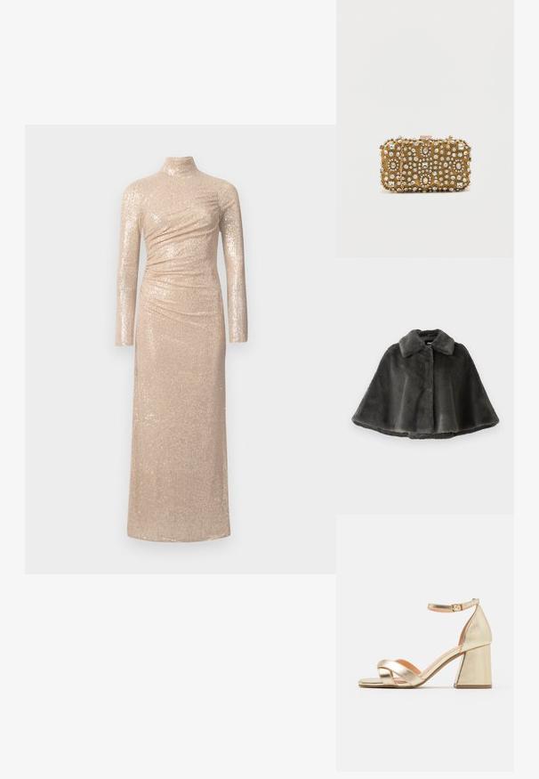 Cape en fausse fourrure grise avec un col, texture lisse et ourlet arrondi. Design classique sans fermetures ou motifs visibles.; Robe longue et ajustée de couleur beige clair, faite en tissu pailleté. Elle se caractérise par un col montant et des manches longues avec des détails froncés.; Sandales avec talons en or métallisé, à talon block, à bout ouvert et design de lanières entrecroisées. La lanière de cheville dispose d'une fermeture à boucle.; Pochette en or avec des ornements en perles et cristaux complexes. Forme rectangulaire, fermeture à fermoir et une chaîne amovible.