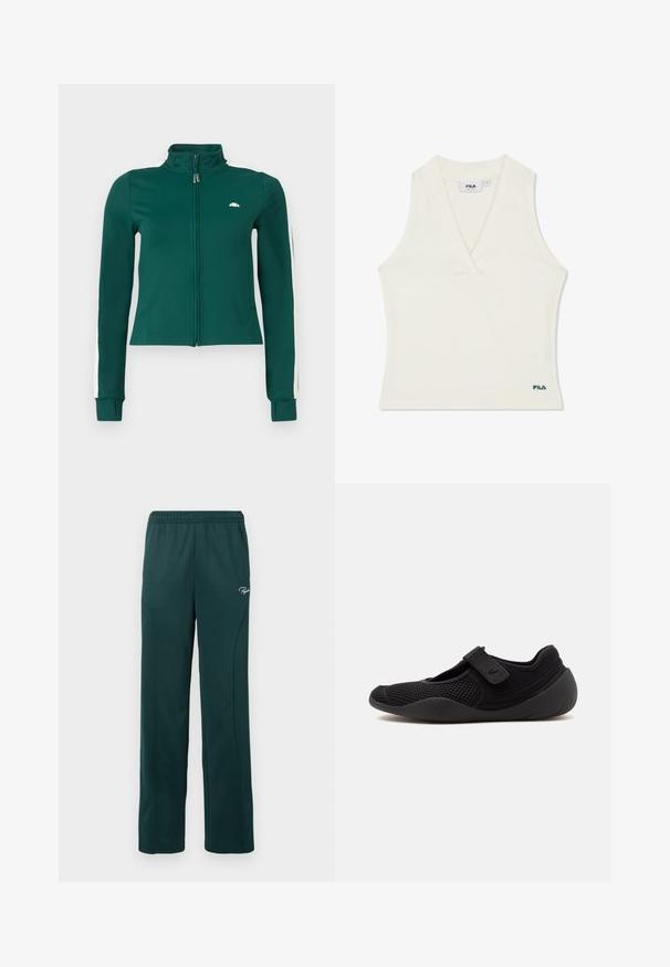 Chaqueta verde con cremallera y alto cuello, de mangas largas, con franjas laterales blancas y un pequeño logotipo en el pecho. Fabricada en tela elástica.; Top deportivo blanco sin mangas de FILA con cuello en V y pequeño logo de FILA cerca del dobladillo inferior sobre fondo blanco liso.; Pantalones de chándal verde oscuro hechos de una tela suave, con una cintura elástica y costuras laterales, y un pequeño logo en la parte delantera.; Zapato estilo Mary Jane negro con tejido de malla transpirable, correa ajustable y suela redondeada para una comodidad diaria.