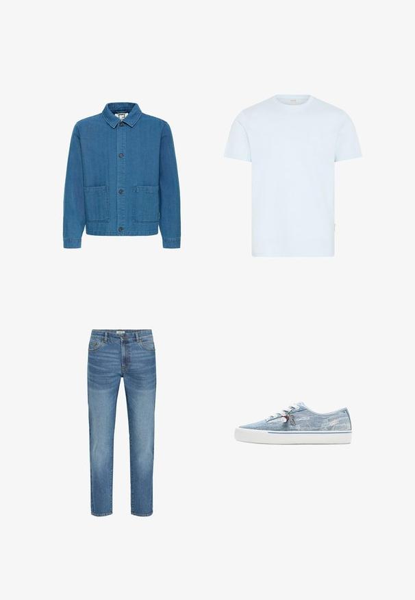 Blå denimjakke med lange ærmer, knaplukning, to forlommer med klap og en spredt krave.; Lyseblå T-shirt med korte ærmer og rund hals, med en lille mærketag på venstre sidesøm.; Lysblå denim jeans med et klassisk lige ben-design, der har fem lommer, metalknaplukning og en let falmning på stoffet.; Lavtopet sneaker i lyseblåt denim med hvid gummisål, hvide snørebånd og dekorative charms, der hænger fra de sideplacerede snørehuller.