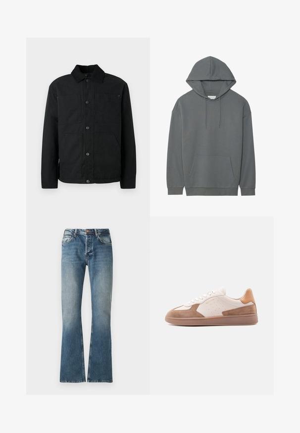 Schwarze Button-Up-Jacke mit Cordkragen und vier vorderen Taschen, präsentiert vor einem schlichten hellen Hintergrund.; Grauer Pullover-Hoodie aus einem weichen Material. Mit einer vorderen Tasche, einer Kapuze mit Kordelzug und gerippten Bündchen in einem lockeren Schnitt.; Blaue Jeans aus Denim mit einem verwaschenen Effekt, geradem Bein Schnitt, Knopf- und Reißverschluss und fünf Taschen Design.; Weißer und beige farbener Sneaker mit niedrigem Schaft, Wildleder-Akzenten, perforierten Seiten, weißen Schnürsenkeln und einer strukturierten Gummisohle, seitlich auf weißem Hintergrund dargestellt.