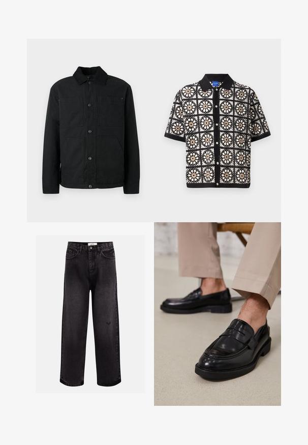 Zwarte button-up jas met een corduroy kraag en vier voorzakken, tentoongesteld tegen een effen lichte achtergrond.; Zwart shirt met korte mouwen en ingewikkelde witte en beige bloemige haakpatronen, met een knoopsluiting aan de voorkant en een platte kraag.; Zwarte denim jeans met een wijde pijp, voorzien van vijf zakken, een gestikt tailleband en een subtiele logo-detail bij de knie.; Zwarte leren loafers met een gladde afwerking, voorzien van een decoratieve band en contrasterende stiksels, gecombineerd met beige broeken.