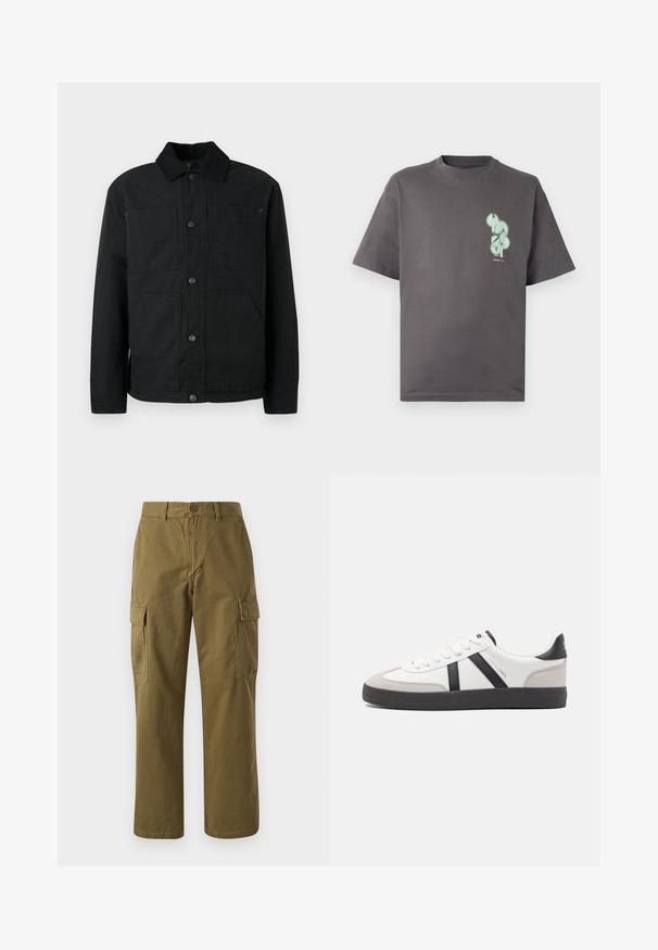 Sort skjortejakke med fløjlskrave og fire forlommer, præsenteret mod en ensfarvet lys baggrund.; Grå bomulds t-shirt med rund hals, korte ærmer, udstyret med et mintgrønt grafisk design på venstre brystområde.; Oliven grønne cargo bukser lavet af bomuld, med lige ben, front knaplukning og to sidelommer med klaplukninger.; Hvide sneakers med sorte og grå detaljer, med en tekstureret grå tåhætte, sort gummisål og flade hvide snørebånd. Rent design, minimalistisk stil.