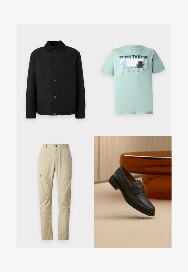 Veste noire à boutons avec col en velours côtelé et quatre poches avant, présentée contre un fond clair uniforme.; TOM TAILOR T-shirt imprimé - dust green; Pantalons cargo beiges en tissu léger, dotés de plusieurs poches, d'une fermeture à bouton et d'un design de jambe fuselée. Texture lisse.; Mocassin homme en cuir noir avec une bande sur le dessus, présenté sur un tapis beige près d'une table ronde moderne marron.