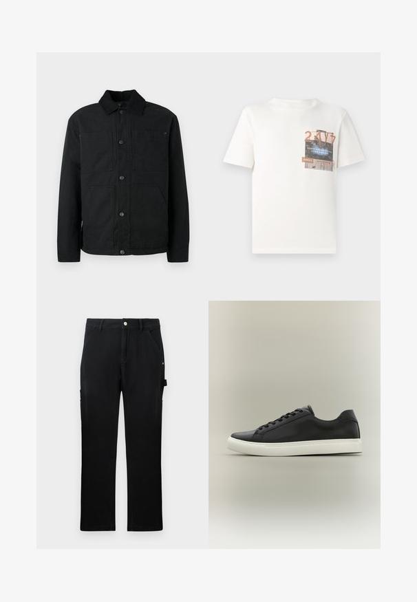 Čierna pánska bundová košeľa s kordovým golierom a štyrmi prednými vreckami, vystavená na jednoduchom svetlom pozadí.; TOM TAILOR DENIM Tričko s potlačou - gardenia white; Čierne rovné pracovné nohavice s prednými vreckami, pútkami na opasok, gombíkovým zapínaním a bočným pútkom na náradie na jednofarebnom pozadí.; Čierna nízka teniska s bielou gumovou podrážkou a čiernymi šnúrkami, zobrazená z profilu na neutrálnom pozadí.