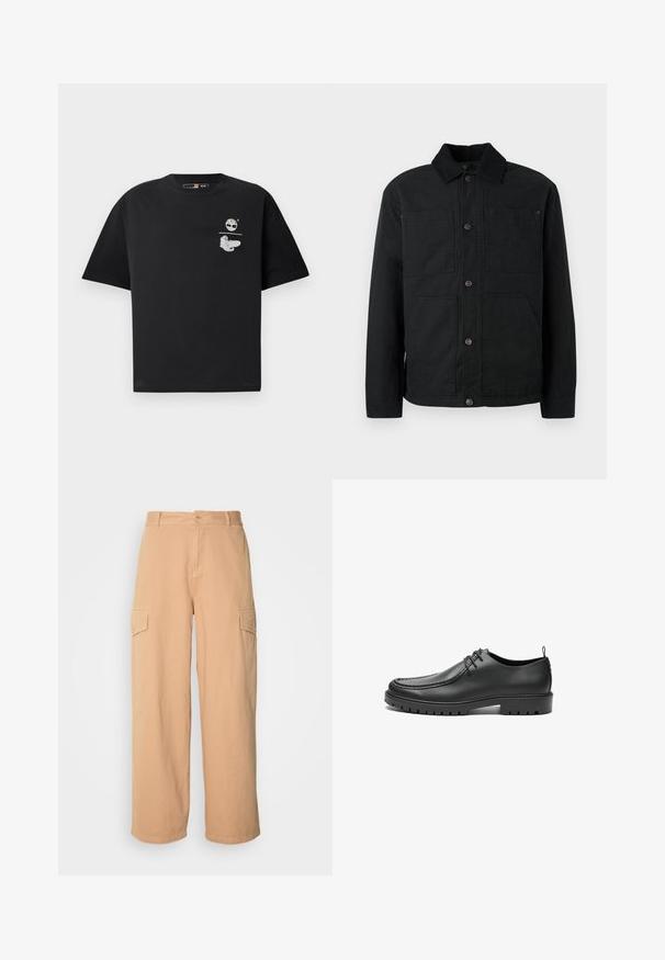 Zwarte button-up jas met een corduroy kraag en vier voorzakken, tentoongesteld tegen een effen lichte achtergrond.; Zwarte katoenen T-shirt met korte mouwen, voorzien van een wit logo en grafisch ontwerp op de borst. Eenvoudige, ontspannen pasvorm.; Beige wijde cargo broek gemaakt van lichte stof, met twee zijzakken en een knoopsluiting bij de taille. Zachte textuur.; Zwarte lederen schoenen met een gladde afwerking, ronde neus en decoratieve stiksels. Beschikt over een rubberen zool met tractiegrepen en een vetersluiting.