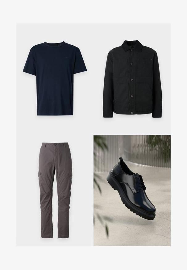 Sort skjortejakke med fløjlskrave og fire forlommer, præsenteret mod en ensfarvet lys baggrund.; Mørkeblå kortærmet t-shirt lavet af blødt stof med en rund halsudskæring, prydet med et lille logo og året "1962" trykt på brystet.; Grå cargo bukser med lige snit, der har flere sidelommer og forstærket syning langs benene. Lavet af slidstærkt stof.; Sorte lædersko med en blank overflade, rund tå, snøredesign, kontrastsyninger og en tyk gummisål med mønster.