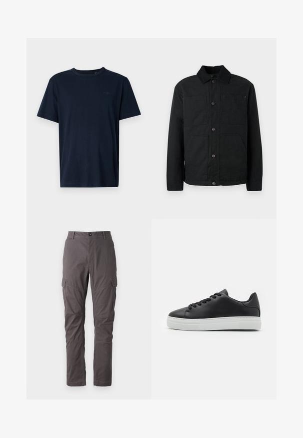 Schwarze Button-Up-Jacke mit Cordkragen und vier vorderen Taschen, präsentiert vor einem schlichten hellen Hintergrund.; Marineblaue Kurzarm-T-Shirt aus weichem Stoff mit Rundhalsausschnitt, mit einem kleinen Logo und dem Jahr "1962" auf der Brust bedruckt.; Graue Cargo-Hosen mit geradem Schnitt, ausgestattet mit mehreren Seitentaschen und verstärkten Nähten entlang der Beine. Hergestellt aus strapazierfähigem Stoff.; Schwarze Leder-Sneaker mit runder Zehe, weißer Gummisohle und schwarzen Schnürsenkeln. Verfügt über eine glatte Oberfläche und ein minimalistisches Design.