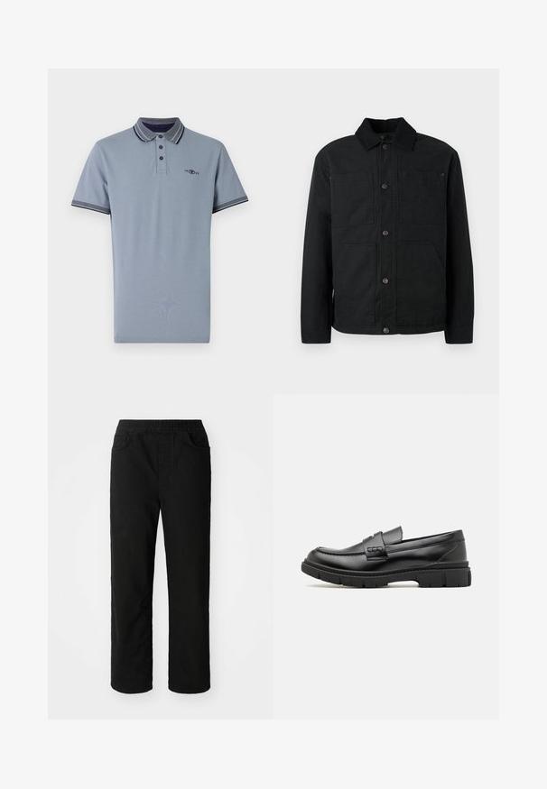 Zwarte button-up jas met een corduroy kraag en vier voorzakken, tentoongesteld tegen een effen lichte achtergrond.; Polo shirt in lichtblauw katoen, met een contrasterende kraag met marineblauwe accenten, een placket met twee knopen en een klein logo op de borst.; Zwarte katoenen broeken met een relaxte pasvorm, een elastische tailleband, twee steekzakken en rechte pijpen. Soepele textuur zonder zichtbare patronen.; Zwarte leren instapper met een brede band over de voet, rubberen zool met dikke noppen en een gladde textuur. Klassiek, strak ontwerp.
