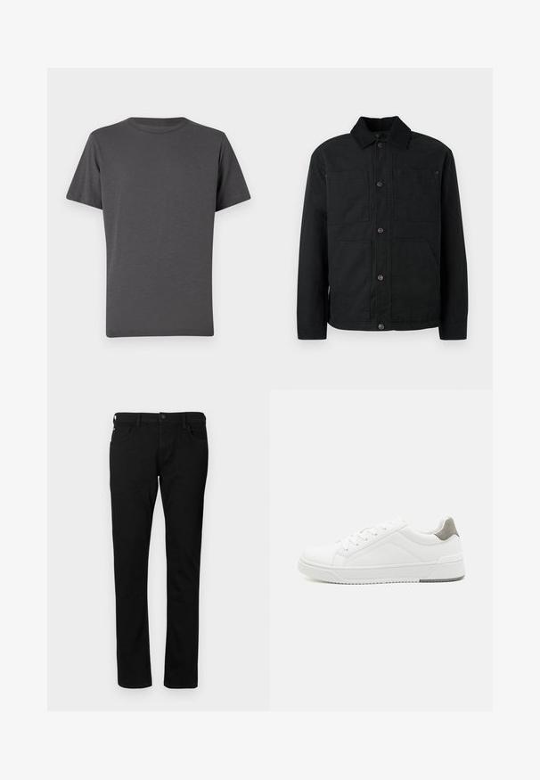 Zwarte button-up jas met een corduroy kraag en vier voorzakken, tentoongesteld tegen een effen lichte achtergrond.; Donkergrijs crew-neck t-shirt, korte mouwen, gemaakt van zachte stof. Heeft een subtiele logo op de voorkant, gladde textuur met minimale naden.; Zwarte denim jeans met een slim fit, voorzien van voorzakken, riemlussen en een knoopsluiting. Soepele textuur met een effen kleur.; Witte sneaker van glad leer met een ronde neus, minimalistisch ontwerp, grijze hielaccent en een geplaatste rubberen zool.