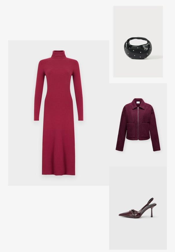 Veste bordeaux zippée avec col, manches longues, deux poches à l’avant et tissu texturé type laine.; Robe longue à manches longues en tricot côtelé bordeaux avec col montant, silhouette cintrée et ourlet droit. Texture lisse sur toute la surface.; Escarpin slingback en cuir verni bordeaux avec bout pointu, fine bride à la cheville et petit détail décoratif de boucle. Texture lisse et talon haut.; Sac à main en cuir noir de forme arrondie, décoré de clous argentés et équipé d'une poignée courte. Texture lisse et fermeture éclair.