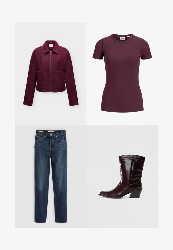Veste bordeaux zippée avec col, manches longues, deux poches à l’avant et tissu texturé type laine.; T-shirt côtelé ajusté à manches courtes couleur prune foncée avec col rond et étiquette avant indiquant la marque JJXX et la taille 5.; Jeans droits bleu foncé avec cinq poches, fermeture à bouton et à glissière, et surpiqûre contrastante.; Bottines en cuir bourgogne avec un bout pointu, une surface texturée et un petit talon effilé. Présente une couture discrète et un ajustement confortable.