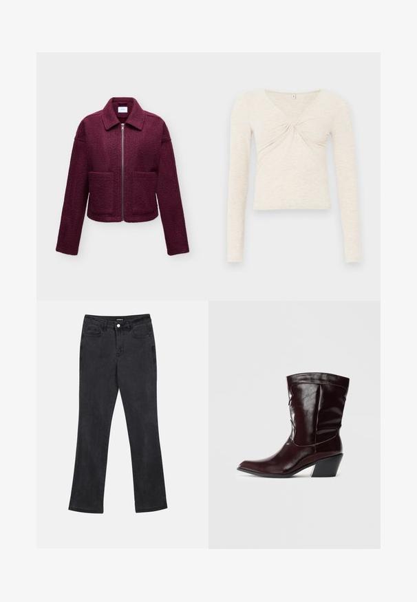 Veste bordeaux zippée avec col, manches longues, deux poches à l’avant et tissu texturé type laine.; Haut à manches longues crème en tissu doux et texturé. Doté d'un col en V et d'un détail torsadé au centre. Design court.; Jeans noirs à jambe droite avec poches avant et arrière, passants de ceinture et fermeture à bouton à la taille.; Bottines en cuir bourgogne avec un bout pointu, une surface texturée et un petit talon effilé. Présente une couture discrète et un ajustement confortable.