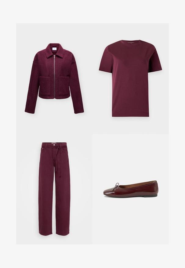 Bordeaux jas met rits, kraag, lange mouwen, twee voorzakken en een gestructureerde wolachtige stof.; Effen bordeauxrode T-shirt met korte mouwen en ronde hals, plat liggend op een lichte achtergrond.; Bordeaux wijde benen broek van katoen, met een gestrikte tailleband, twee voorkleppen en een knoopsluiting. Glad van textuur, zonder patronen.; Bordeaux gepatenteerd lederen ballerina met een ronde neus, een klein strikaccent aan de voorkant en een lage, zwarte rubberen zool. Glad textuur.