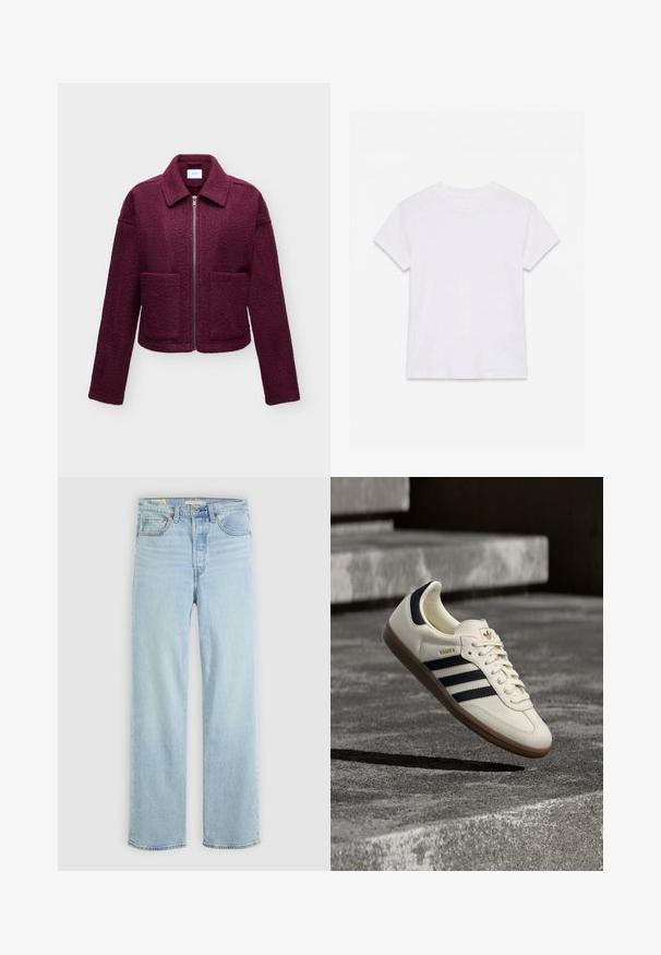 Chaqueta burdeos con cremallera, cuello, mangas largas, dos bolsillos delanteros y tela texturizada similar a la lana.; Camiseta blanca lisa de algodón de manga corta y cuello redondo, colocada plana sobre un fondo blanco.; Jeans de denim azul claro con corte recto, que cuentan con cinco bolsillos, un cierre de cremallera clásico y costuras visibles.; Zapatilla blanca Adidas Samba con franjas negras y suela de goma, flotando sobre escalones de hormigón gris texturizado.