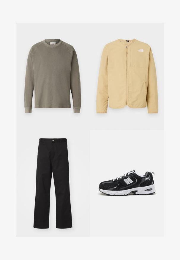 Veste zippée beige clair avec un col rond, dotée d'une poche sur la poitrine et d'un logo sur le côté gauche. Fabriquée en tissu lisse et léger.; Sweat-shirt long vert avec une surface texturée et côtelée, col rond et manches à poignet. Présente des manches raglan pour plus de liberté de mouvement.; Pantalons noirs en tissu durable avec une coupe droite, dotés d'une fermeture à bouton à l'avant, de passants de ceinture et sans motifs ni accents visibles.; Baskets de sport noires et grises avec un tige en mesh et en suède, présentant une semelle intermédiaire blanche, des lacets et un logo "N" audacieux sur le côté.