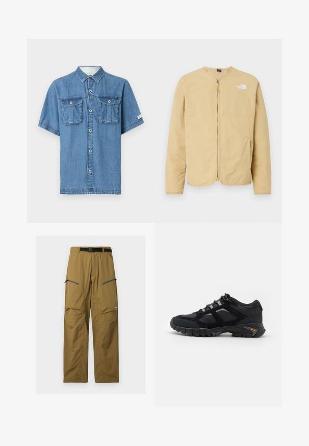 Veste zippée beige clair avec un col rond, dotée d'une poche sur la poitrine et d'un logo sur le côté gauche. Fabriquée en tissu lisse et léger.; Chemise en denim bleu à manches courtes, fermeture à boutons et deux poches à rabat à l'avant, présentée sur un fond clair uni.; Pantalon de plein air kaki avec ceinture noire réglable, deux poches zippées sur les cuisses et coutures au niveau des genoux, présenté sur un fond uni.; Chaussure extérieure noire en daim et en maille avec une semelle robuste. Présente des accents gris et une marque Vibram sur le côté. Design à lacets.