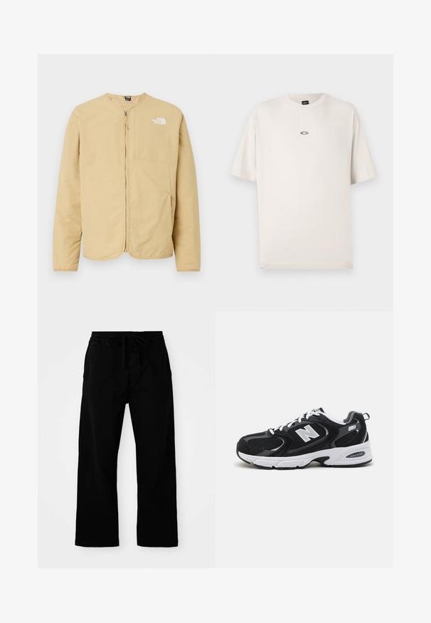 Lys beige, lynlåset jakke med rund hals, med en brystlomme og logo-detalje på venstre side. Lavet af glat, letvægtsstof.; Oakley RISE TEE - T-shirts basic - mist; Sorte bukser med elastisk talje og justerbar snor, brede ben og en glat bomulds struktur. Ingen synlige mønstre eller hardware detaljer.; Sorte og grå sportssko med mesh og ruskind på overdelen, der har en hvid mellemsål, snørebånd og et iøjnefaldende "N" logo på siden.
