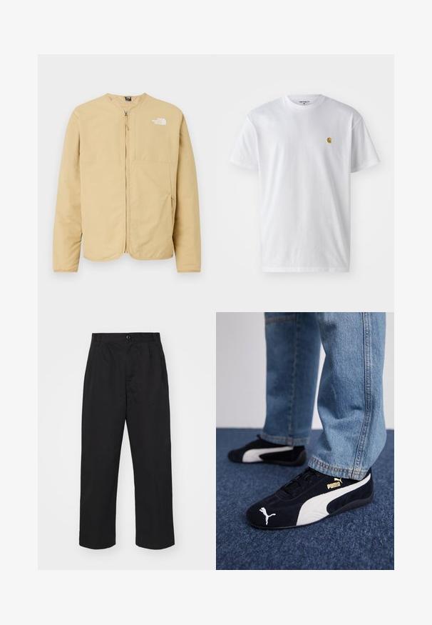Light beige, zip-up jacket with a round neck, featuring a chest pocket and logo detail on the left side. Made of smooth, lightweight fabric.; White cotton t-shirt with short sleeves, crew neck, featuring a small gold logo on the left chest area. Soft texture and regular fit.; Black cotton trousers with a straight fit, featuring a button closure, two front pockets, and a smooth texture.; Black suede sneakers with white accents, featuring a gold logo. Worn with light blue denim jeans and set on a textured blue surface.