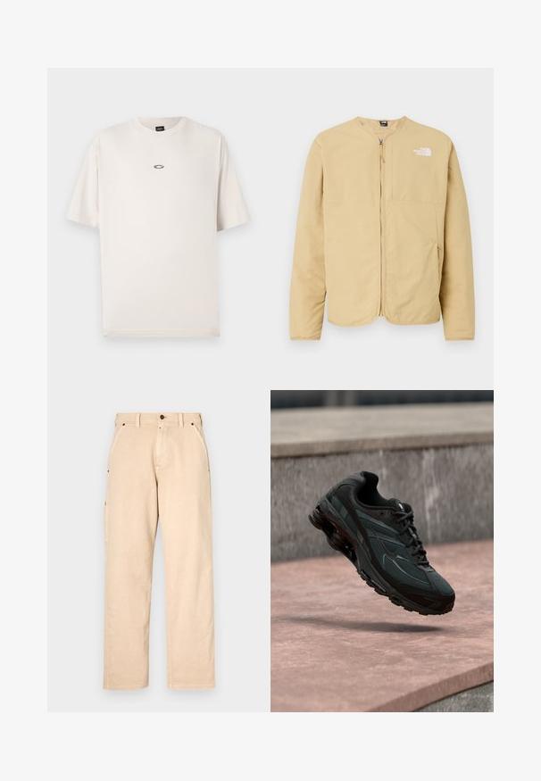 Lys beige, lynlåset jakke med rund hals, med en brystlomme og logo-detalje på venstre side. Lavet af glat, letvægtsstof.; Oakley RISE TEE - T-shirts basic - mist; Beige bomuldsbukser med lige ben, der har sidelommer, bæltestropper og knaplukning foran. Glat tekstur, minimalistisk design.; Sort atletisk sneaker med synligt luftdæmpende mellemsål, der svæver over en pink stenoverflade med en grå stenvæg i baggrunden.