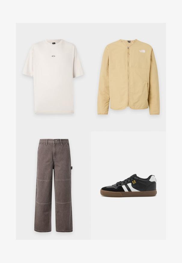 Helles Beige, Reißverschlussjacke mit Rundhalsausschnitt, ausgestattet mit einer Brusttasche und einem Logodetail auf der linken Seite. Hergestellt aus glattem, leichtem Stoff.; Oakley RISE TEE - T-Shirt basic - mist; Weite Hosen in einem verblassten Braunton, aus strapazierfähigem Stoff mit kontrastierenden Nähten. Mit Paneeldetails und einer Seitentasche.; Schwarz-weiße Sneakers mit einem Obermaterial aus Wildleder und Leder, ausgestattet mit weißen Streifen, schwarzen Schnürsenkeln und einer braunen Gummisohle. Mit goldenen Logo-Akzenten.