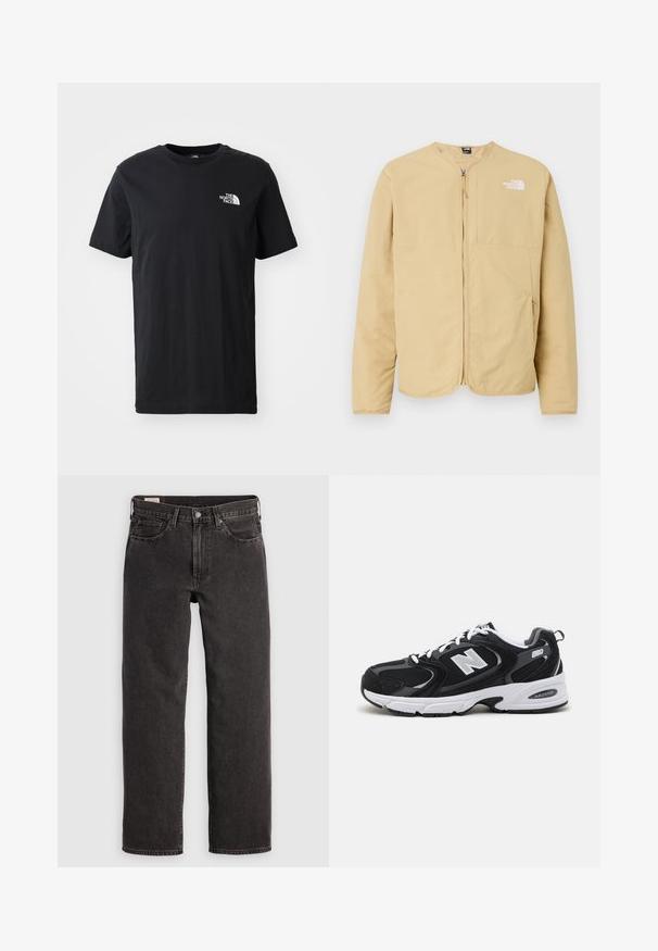 Lys beige, lynlåset jakke med rund hals, med en brystlomme og logo-detalje på venstre side. Lavet af glat, letvægtsstof.; Sort bomulds t-shirt med korte ærmer, rund hals, med et lille hvidt logo på venstre bryst. Blød tekstur, afslappet pasform.; Sorte denim jeans med lige ben, fem lommer og metalbeslag. Stoffet har en let struktur og en ensfarvet finish.; Sorte og grå sportssko med mesh og ruskind på overdelen, der har en hvid mellemsål, snørebånd og et iøjnefaldende "N" logo på siden.