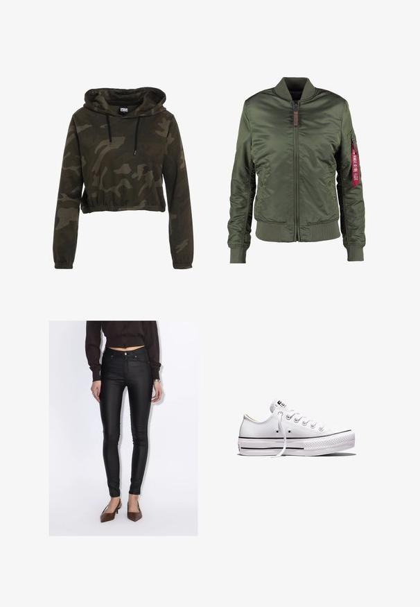 Alpha Industries Bomberjacke - sage green; Gekürzte Kapuzenjacke in dunklem Tarnmuster, mit Kordelzugkapuze, langen Ärmeln und elastischem Saum. Hergestellt aus weichem, strukturiertem Stoff.; Frau trägt schwarze, hoch taillierte Skinny-Hosen, ein kurz geschnittenes dunkelbraunes Hemd mit Knöpfen und braune spitze Schuhe mit Absatz.; Weißer Sneaker aus Segeltuch mit niedrigem Schnitt, weißen Schnürsenkeln, Gummisohle, schwarzen Streifendetails und Logopatch auf der Zunge und Ferse.