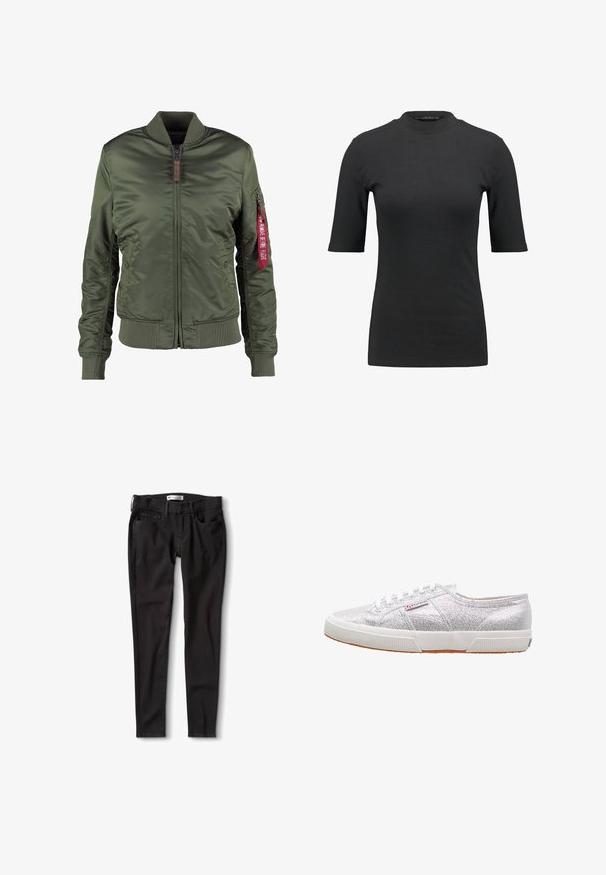 Alpha Industries Blouson Bomber - sage green; T-shirt noir à côtes avec un col montant et des manches courtes. Design lisse et ajusté sans motifs ni détails matériels visibles.; Jeans en denim noir avec une coupe droite, dotés d'une taille standard, de passants de ceinture et de deux poches avant. Texture lisse, matériel minimal.; Baskets à paillettes argentées avec une semelle en caoutchouc blanche, présentant un bout arrondi, un design à lacets, et une étiquette logo sur le côté.