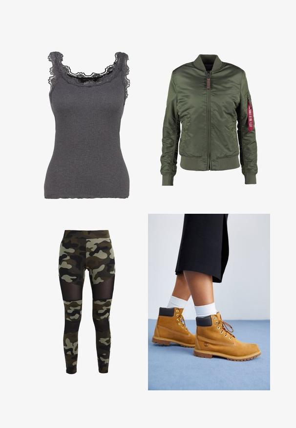 Alpha Industries Bomberjacks - sage green; Grijze geribbelde tanktop met kanten rand bij de halslijn. De stof is zacht met een aansluitende pasvorm, heeft een lichte rek en gegolfde randen.; Camouflage leggings met een nauwsluitend ontwerp, voorzien van meshpanelen bij de knieën en heupen. Gemaakt van rekbare stof in groene en zwarte tinten.; Tan suède enkellaarsjes met bruine leren accenten, gouden oogjes en een getextureerde zool. Witte sokken zichtbaar boven de laarsjes.