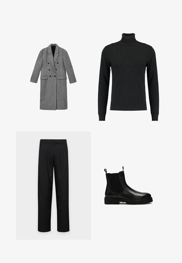 Hallitus pehmest hallist herringbone musteriga topeltkattega pikk jakk, millel on kaks esist taskut ja mustad nupud esiküljel ning varrukatel.; Must mustriga mustra, millel on pika varrukad, soonik küljed ja äär, sile tekstuur ja kehakujuline disain.; Mustad mustadest riietest, millel on sirge jalgade disain, kaks eesmist voltimist ja tavaline vöökoht, millel on vöökohad.; Mustad musta nahast Chelsea saapad elastsete külgpanelidega, tõmbetugevdus ja turske kummitald, millel on silmatorkavad mustrid.