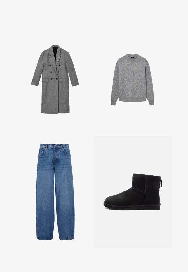 Dobbeltradet lang frakke i et gråt hørningmønster, med to forlommer og sorte knapper på fronten og ærmerne.; Grå strikket sweater med lange ærmer og rund halsudskæring, med ribkant ved ærmer og bund, vist på hvid baggrund.; Vida jeans i medium blå denim. Har en høj talje, klassisk fem-lomme design og subtil fading langs benene. Standard kant.; Sort ruskind ankelstøvle med rund tå, minimale syninger, pull-tab og en tekstureret gummisål. Designet til varme og komfort.