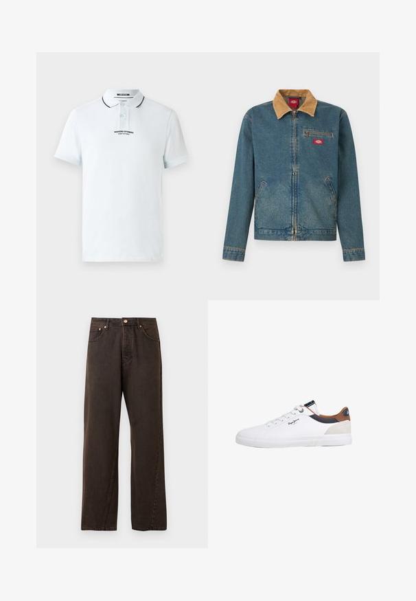 Denimjakke med brun kordfløjls-krave, lynlås foran, brystlomme og sidelommer. Lyseblå farve med falmede sektioner og syninger som detaljer.; Lyseblå polo-shirt lavet af bomuld, med en to-knaps knaplukning, sort kravekant og et trykt logo på brystet.; Mørkebrun denimjeans med lige ben-design, der har fem lommer, en kobberknap og subtile syninger.; Hvide sneakers med glat læderoverdel, der har kontrasterende brune, marineblå og beige detaljer. Klassisk snørelukning med tekstureret gummisål.