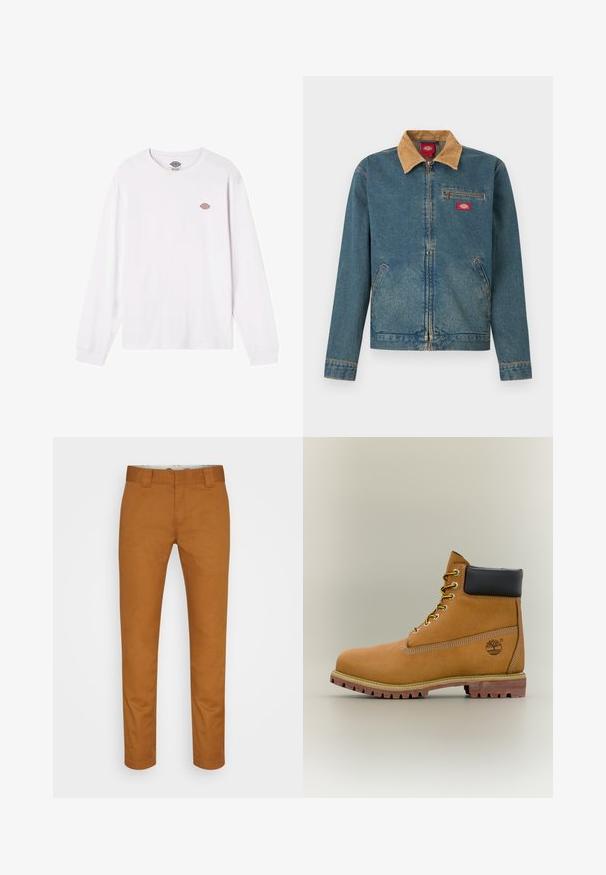 Spijkerjack met een bruine corduroy kraag, ritssluiting aan de voorkant, een borstzak en steekzakken aan de zijkant. Lichtblauwe kleur met vervaagde delen en gestikte accenten.; Witte lange mouwen T-shirt van katoen. Bevat een klein rond meervleugelig logo op de borst. Eenvoudig ontwerp met ribgebreide manchetten.; Bordeaux katoenen broek met een rechte pasvorm, voorzakken en een schone, gladde textuur. Bevat riemlussen en discrete stikseldetails.; Bruine leren enkellaars met zwarte kraag, gele veters en een zandkleurige zool. Voorzien van een logo en witte stikseldetails. Robuuste loopzool met grip.