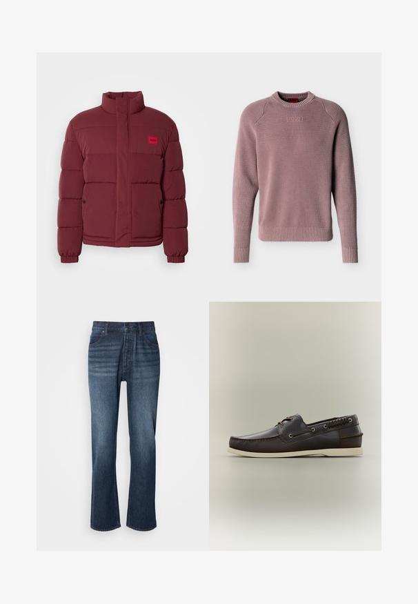 Doudoune bourgogne avec col montant, texture matelassée et patch de marque rouge. Comprend une fermeture à pression et des poches latérales.; Pull en maille rose poussiéreuse avec col rond, poignets et ourlet côtelés, présentant un tissage texturé et le logo "HUGO" en relief sur la poitrine.; Jean en denim avec une coupe droite, lavage moyen, style à cinq poches et fermeture à bouton. Le tissu a une texture lisse avec un léger délavage.; Chaussure bateau en cuir marron foncé avec semelle blanche, couture moc toe, œillets pour lacets et laçage décoratif sur le côté, sur un fond neutre.