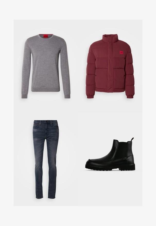 Doudoune bourgogne avec col montant, texture matelassée et patch de marque rouge. Comprend une fermeture à pression et des poches latérales.; HUGO SAN CEDRIC - Pullover - medium grey; Jean en denim délavé foncé avec une coupe slim, doté d'une fermeture à boutons, de cinq poches, et d'un délavage subtil. Design à jambes droites avec une texture lisse.; Bottine noire en cuir avec semelle texturée, panneaux latéraux élastiques et languette de tirage sur fond gris clair.