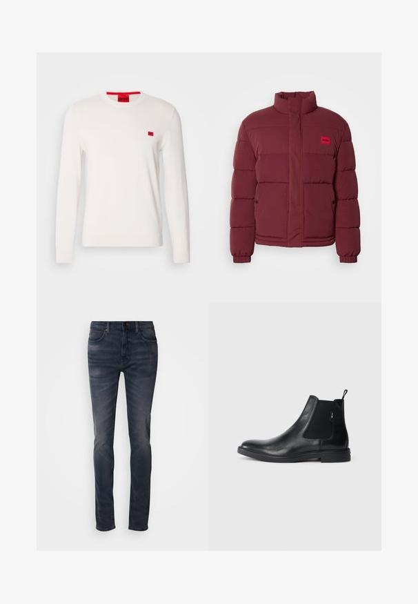 Chaqueta de plumas burdeos con cuello alto, textura acolchada y parche de marca rojo. Presenta cierre a presión y bolsillos laterales.; Suéter de cuello redondo blanco con mangas largas, hecho de un tejido suave. Presenta un pequeño parche de logo rojo en el pecho y una etiqueta contrastante roja en el cuello.; Vaqueros de mezclilla de lavado oscuro con un ajuste slim, que cuentan con cierre de botones, cinco bolsillos y un sutil desgaste. Diseño de pierna recta con textura suave.; Botines Chelsea de cuero negro con paneles elásticos laterales, una pestaña para tirar y una suela de goma plana. Textura suave con un detalle mínimo.