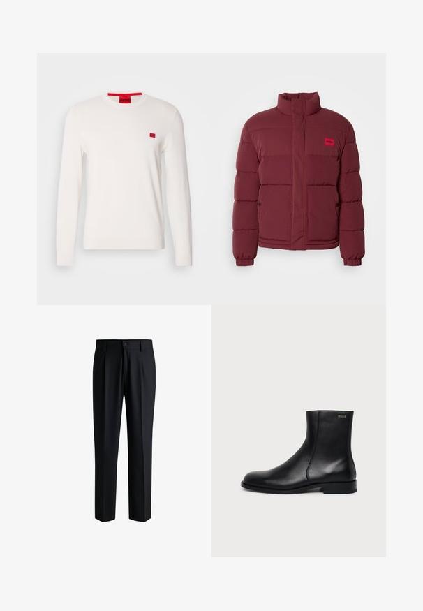 Chaqueta de plumas burdeos con cuello alto, textura acolchada y parche de marca rojo. Presenta cierre a presión y bolsillos laterales.; Suéter de cuello redondo blanco con mangas largas, hecho de un tejido suave. Presenta un pequeño parche de logo rojo en el pecho y una etiqueta contrastante roja en el cuello.; Pantalones negros de tela suave, con un diseño de pierna recta, pliegues en la parte delantera y cierre de botón con trabillas para cinturón.; Botín negro de cuero con tacón bajo, costura lateral y pequeño logo "HUGO" en el puño superior sobre un fondo liso.