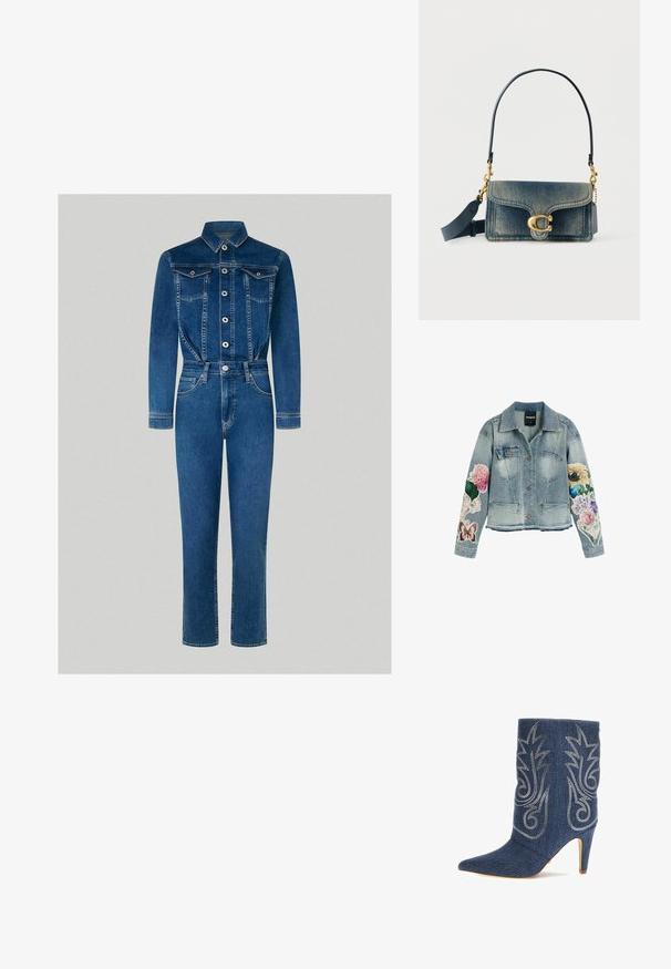 Svetlomodrá rifľová bunda s vreckami na hrudi a na bokoch, s farebnými kvetinovými a motýlími potlačami na oboch rukávoch.; Denim overal s dlhými rukávmi, gombíkovým zapínaním na prednej strane, dvoma náprsníkovými vreckami, priliehavým pásom a rovnými nohavicami v strednom modrom vyblednutí.; Denimové členkové topánky s hranatou špičkou, zakriveným dizajnom, strieborným ozdobným prešívaním a obujákmi so 3-palcovým stiletto podpätkom. Tmavomodré s textúrovaným povrchom.; Džínová taška cez rameno so zlatým zapínaním v tvare písmena „C“ a odnímateľným širokým modrým popruhom na bielom pozadí.