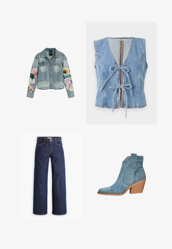 Lyseblå denimjakke med bryst- og hoftelommer, dekoreret med farverige blomster- og sommerfugletryk på begge ærmer.; Blå denimvest med dyb V-udskæring, frontlukning med bånd og ærmeløs design. Har synlig syning og rå kant.; Mørkeblå denim jeans med høj talje, bred benklipp og diskret orange syninger. Har knap- og lynlåslukning foran.; Blå denim ankelstøvle med spids tå, slidte tekstur og en stablet træhælfot. Har side løkker for nem påføring.